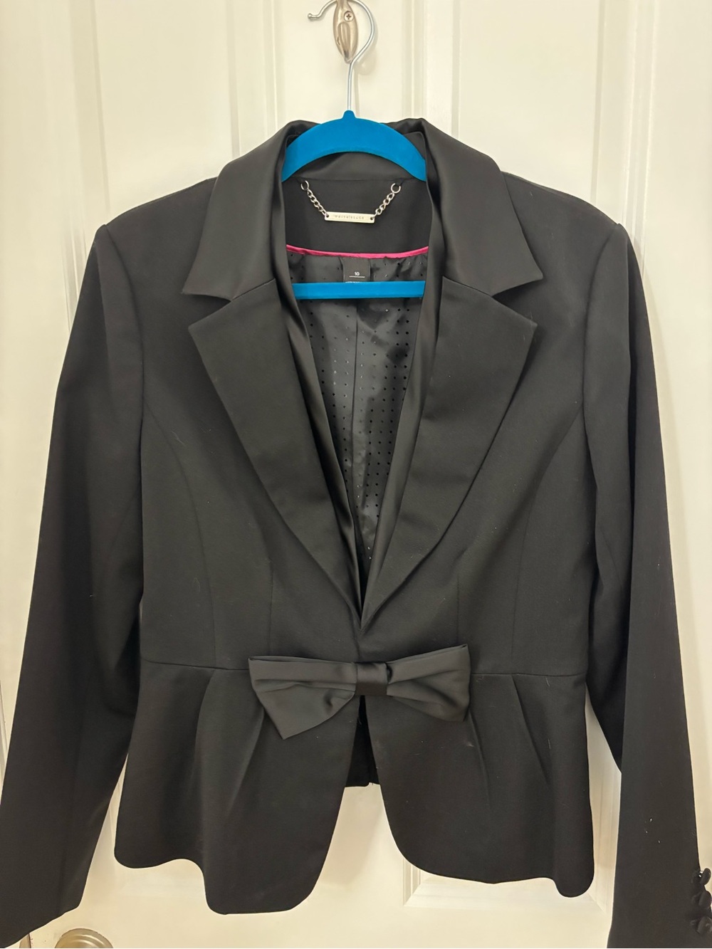 NWOT White House Black Market Black Luxe Tuxedo Jacket Peplum Hem With Bow SZ 10